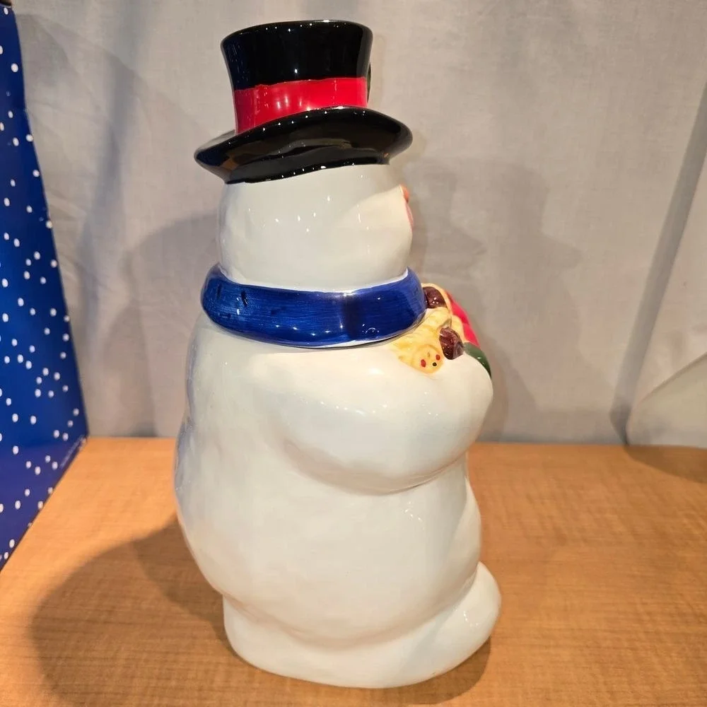 Snowman Cookie Jar‎ Top Hat Blue Scarf Holding Cookies with Original Box